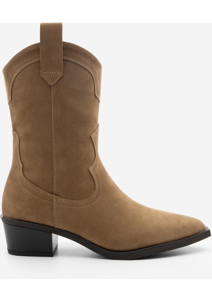 Kadın Sivri Burun Dikiş Detaylı Western Bot Voleta Taba Süet modelleri