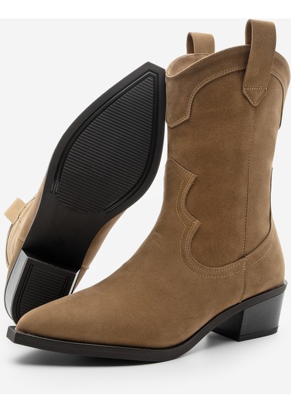 Kadın Sivri Burun Dikiş Detaylı Western Bot Voleta Taba Süet