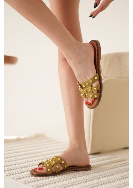 Loose Haki Yeşili Hakiki Deri Terlik fiyatları