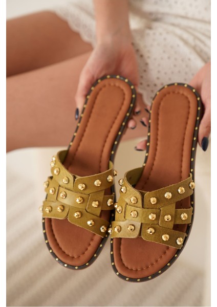 Loose Haki Yeşili Hakiki Deri Terlik modelleri