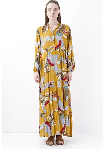 Uzun Sarı Desenli Boho Maxi Şifon Kadın Elbise
