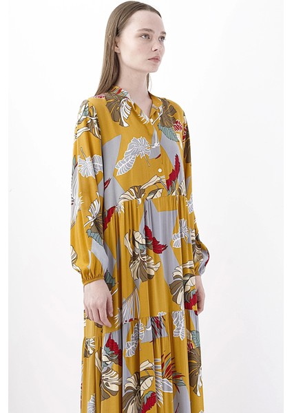 Uzun Sarı Desenli Boho Maxi Şifon Kadın Elbise modelleri