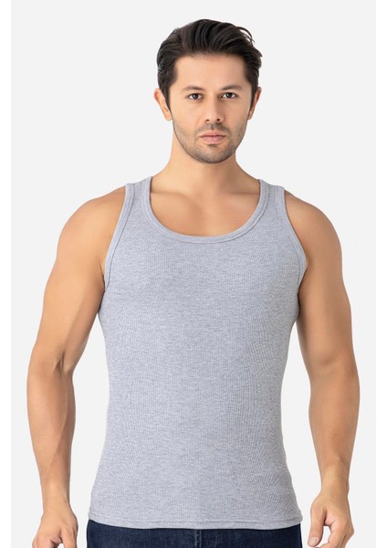 Erkek Gri Fitilli Atlet Pamuklu Likralı Kaşkorse Halter Yaka Slim Fit Atlet