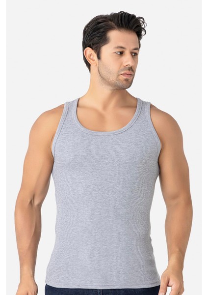 Erkek Gri Fitilli Atlet Pamuklu Likralı Kaşkorse Halter Yaka Slim Fit Atlet modelleri