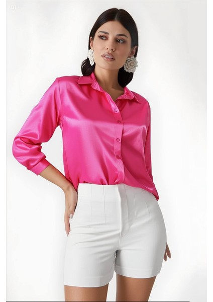 Kadın Canlı Pembe Hafif Dökümlü Saten Yüzeyli Gömlek HZL22W-BD139641