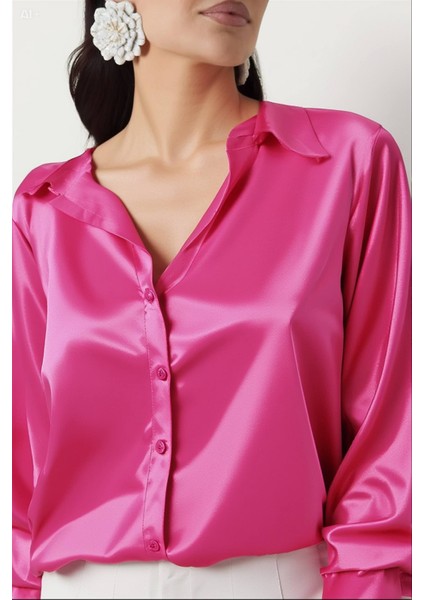 Kadın Canlı Pembe Hafif Dökümlü Saten Yüzeyli Gömlek HZL22W-BD139641 modelleri