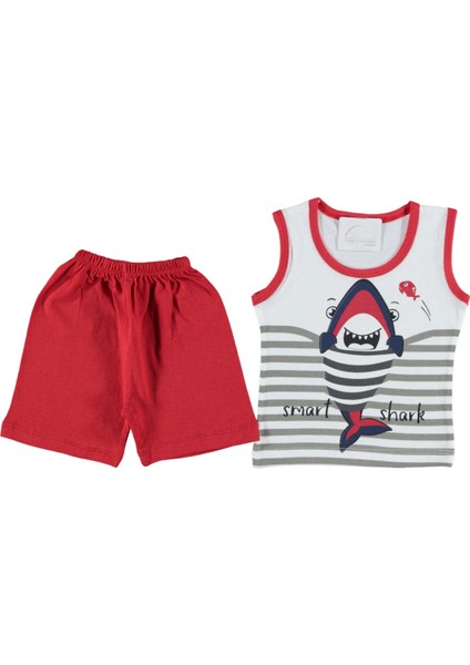 Shark Basklı Kolsuz Tshırt Şort Takım Kırmızı