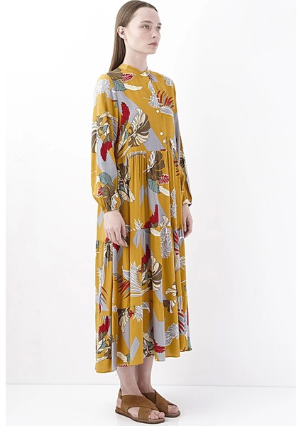 Floral Desenli Hardal Sarısı Midi Elbise