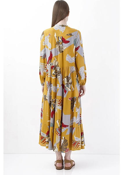 Floral Desenli Hardal Sarısı Midi Elbise modelleri