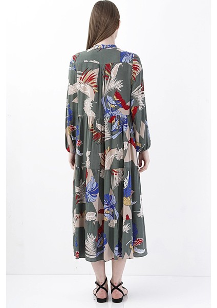 Floral Desenli Şık Yeşil Midi Elbise modelleri