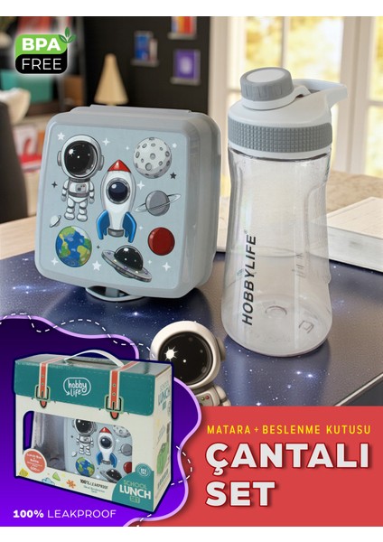 Beslenme Seti - 4 Bölmeli 2 Katlı Kare Beslenme Kutusu ve 530 ml Matara - Bpa Free - Çantalı Set
