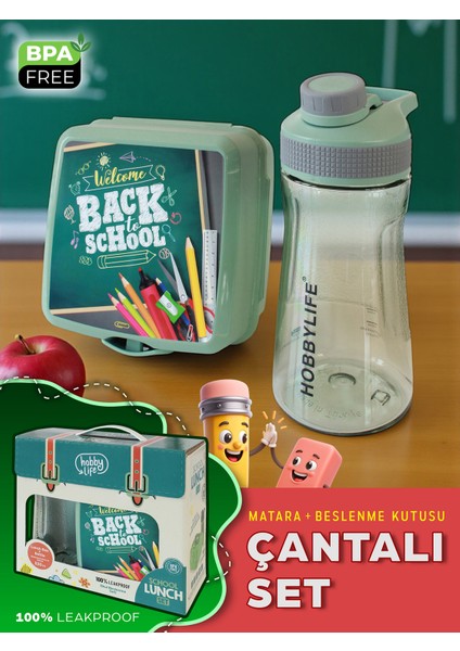 Beslenme Seti - 4 Bölmeli 2 Katlı Kare Beslenme Kutusu ve 530 ml Matara - Bpa Free - Çantalı Set
