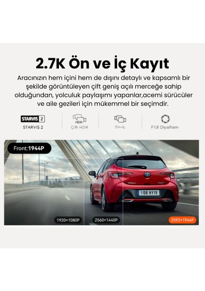 2k Fhd Araç Kamerası, Gps, Wi-Fi, 160° Ultra Geniş Açılı, Çift Yönlü, Akıllı Sistemi modelleri