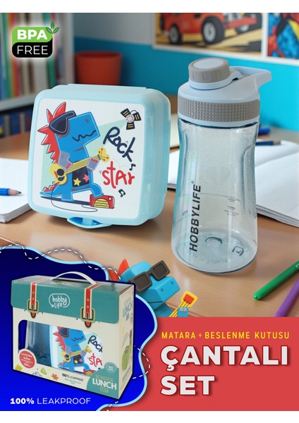 Beslenme Seti - 4 Bölmeli 2 Katlı Kare Beslenme Kutusu ve 530 ml Matara - Bpa Free - Çantalı Set