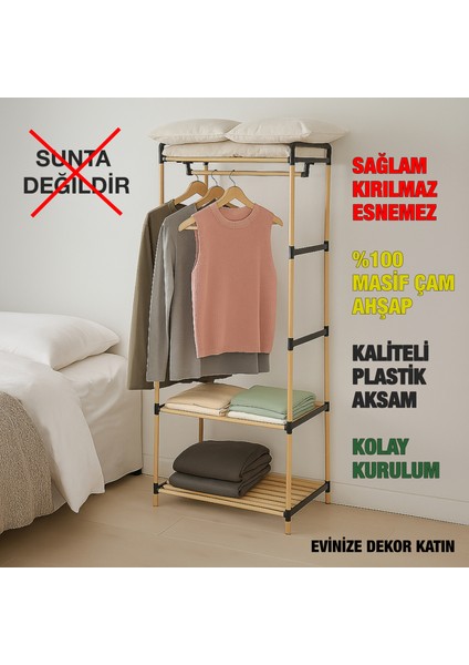 NE02 Ahşap Gardrop Elbise Askısı ve Ikili Raf Sistemi Masif Çam Ahşap