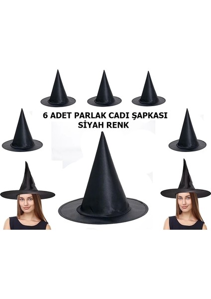 Halloween Siyah Renk Parlak Dralon Cadı Şapkası Yetişkin ve Çocuk Uyumlu 6 Adet
