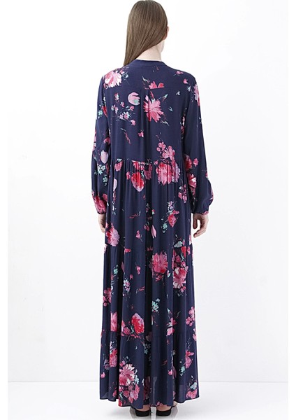 Floral Desenli Uzun Kollu Lacivert Maxi Kadın Elbise modelleri