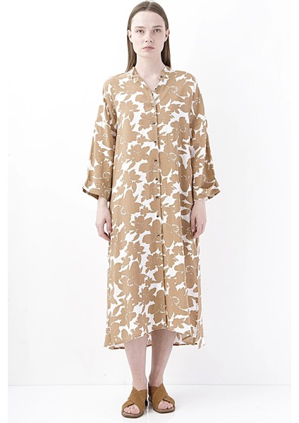 Bej Floral Desenli Yırtmaçlı Midi Elbise fiyatları