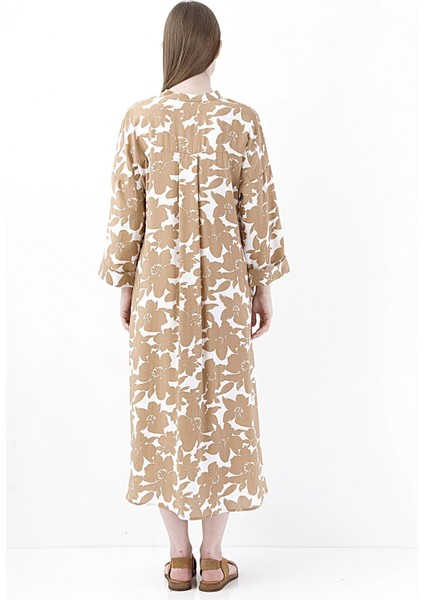 Bej Floral Desenli Yırtmaçlı Midi Elbise modelleri