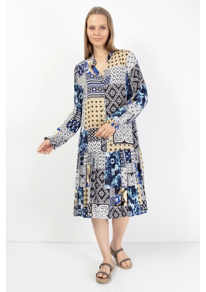Mavi Gri Patchwork Düğmeli Kadın Midi Elbise modelleri