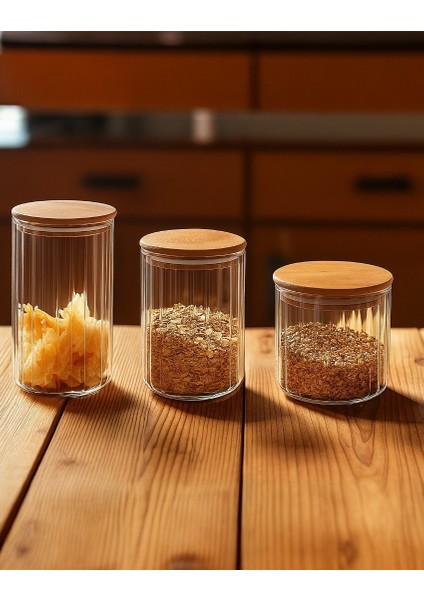 Dritto Optikli Borosilikat Ahşap Kapaklı Kavanoz Orta Boy