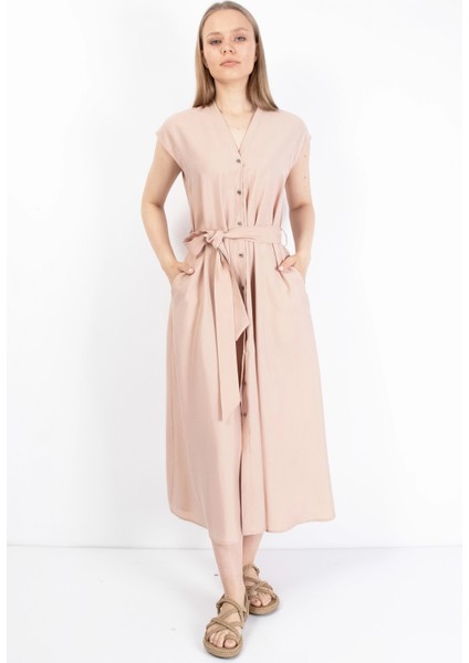 Şık Bel Bağlı Yazlık Pembe Kadın Midi Elbise modelleri