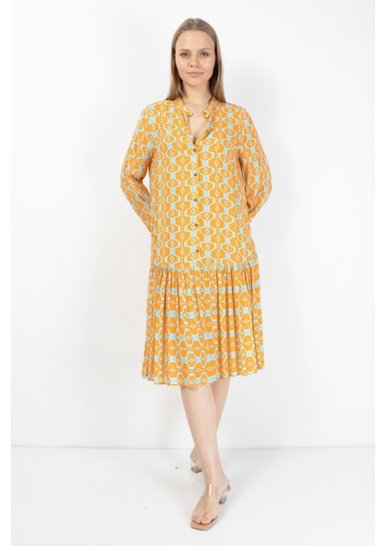 Sarı Turkuaz Düğmeli Kadın Midi Elbise