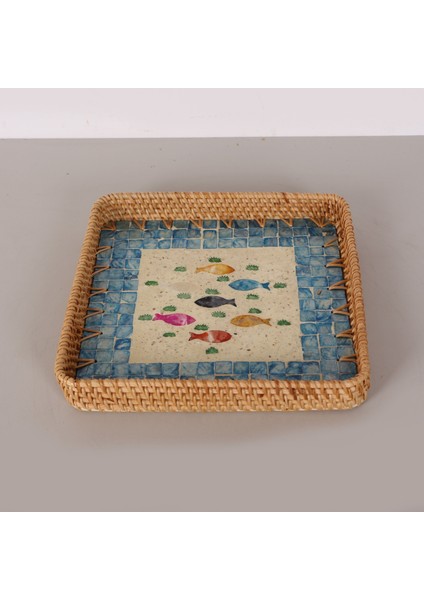 Mylamp Kare Balık 28X28X3 cm Sedefli Rattan Tepsi & Duvar Dekoru