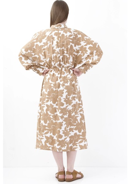 Floral Desenli Şık Uzun Kollu Bej Midi Elbise modelleri