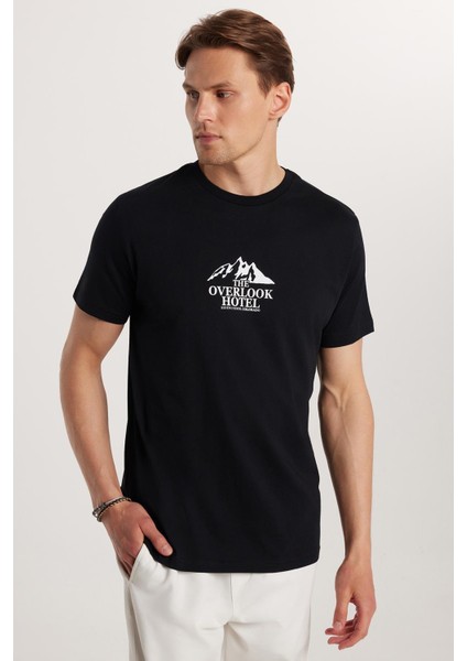 Erkek Slim Fit Dar Kesim %100 Pamuk Yumuşak Dokulu Baskılı Siyah Bisiklet Yaka Tişört