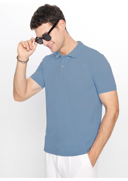 Erkek Slim Fit Dar Kesim Pamuklu Yumuşak Dokulu Serin Tutan Kumaş Düz Pike Mavi Polo Yaka Tişört