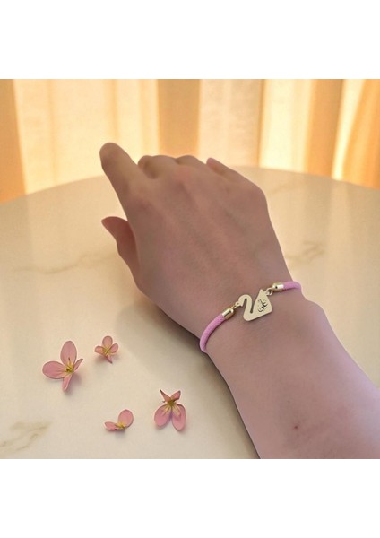 14 Ayar Plakalı Altın Hz Ali Temalı Pembe Örgülü Kuğu Kuşu Motifli Hediye BILEKLIK-609SEMBOL