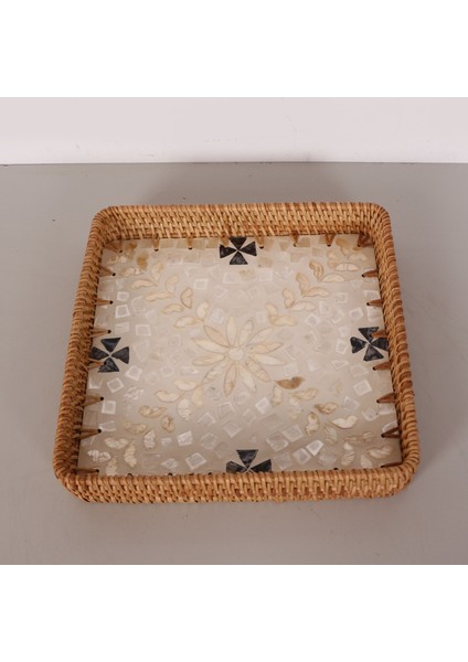 Mylamp Kare 28X28X3 cm Sedefli Rattan Tepsi & Duvar Dekoru
