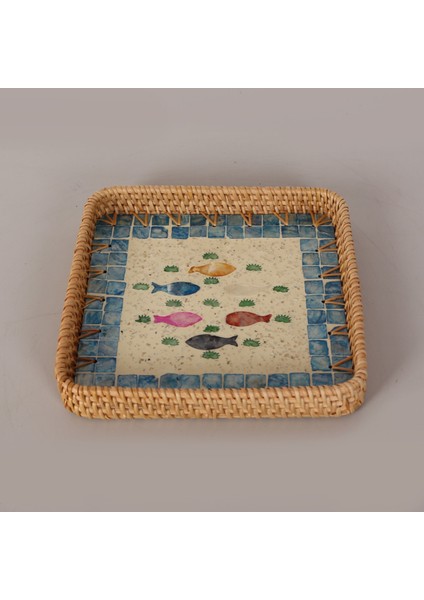 Mylamp Kare Balık 23X23X3 cm Sedefli Rattan Tepsi & Duvar Dekoru