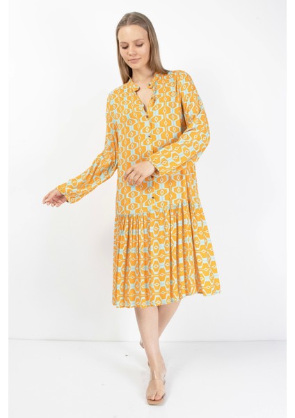 Sarı Turkuaz Düğmeli Kadın Midi Elbise modelleri