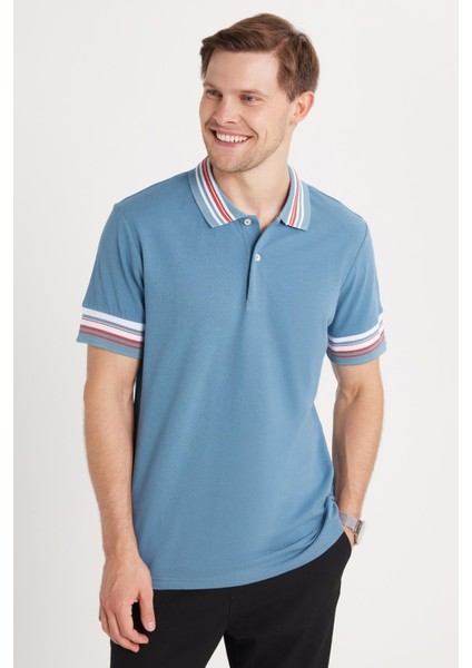 Erkek Slim Fit Dar Kesim %100 Pamuk Düz Pike Yaka ve Kol Detaylı Indigo Polo Yaka Tişört