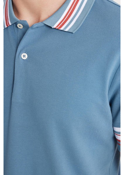 Erkek Slim Fit Dar Kesim %100 Pamuk Düz Pike Yaka ve Kol Detaylı Indigo Polo Yaka Tişört modelleri
