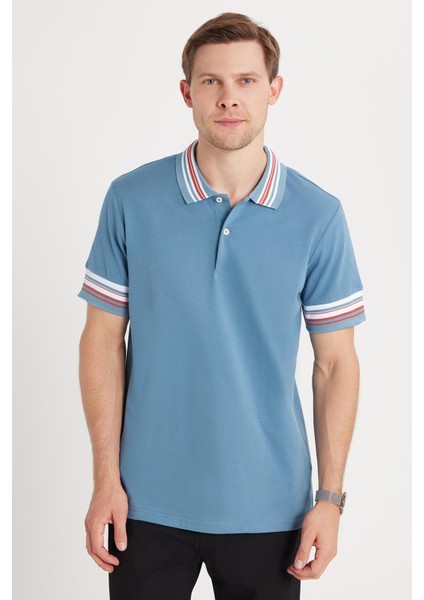 Erkek Slim Fit Dar Kesim %100 Pamuk Düz Pike Yaka ve Kol Detaylı Indigo Polo Yaka Tişört fırsatları