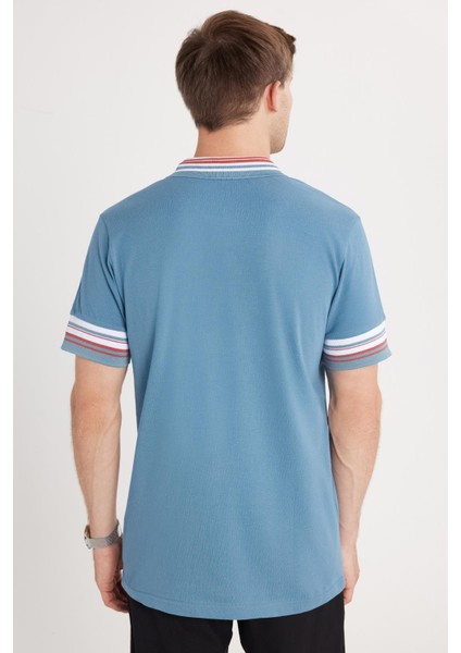 Erkek Slim Fit Dar Kesim %100 Pamuk Düz Pike Yaka ve Kol Detaylı Indigo Polo Yaka Tişört indirimleri