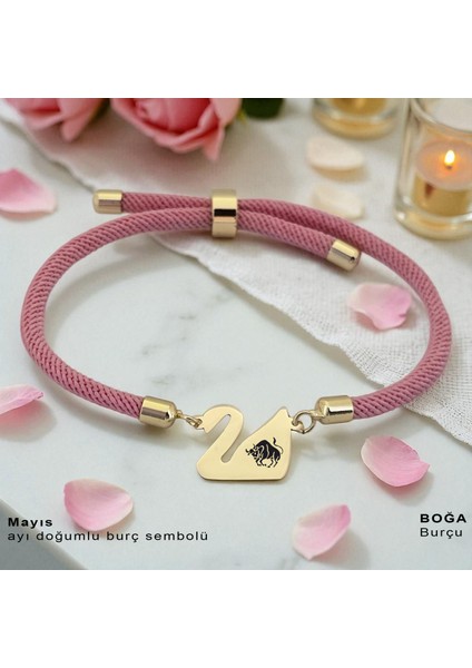 14 Ayar Altın Plakalı Boğa Burçları Için Pembe Örgülü Kuğu Kuşu Motifli Hediye BILEKLIK-609BURÇ fiyatları