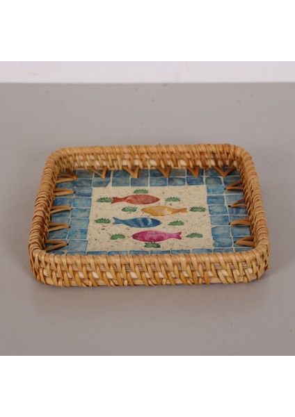 Mylamp Kare Balık 18X18X3 Sedefli Rattan Tepsi & Duvar Dekoru