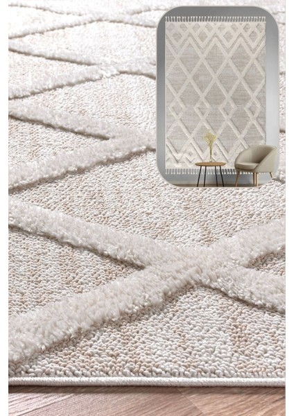 Mılan Krem Bej Yumuşak Bukleli ve Havlı Iskandinav Makine Dokuma Halı Oturma Odası Salon Mutfak Antre