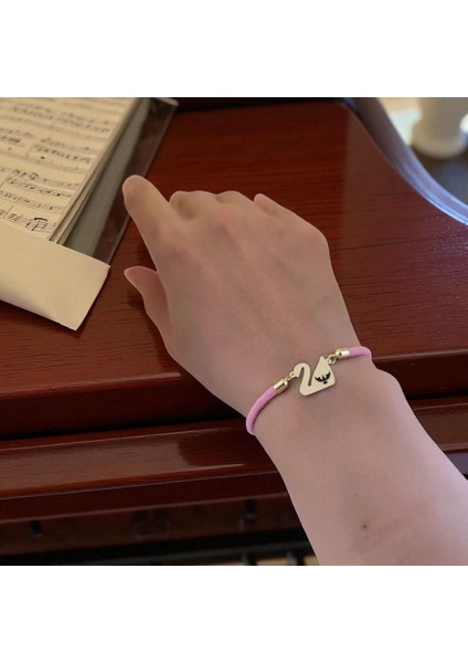 14 Ayar Plakalı Altın Kral Kartal Temalı Pembe Örgülü Kuğu Kuşu Motifli Hediye BILEKLIK-609SEMBOL