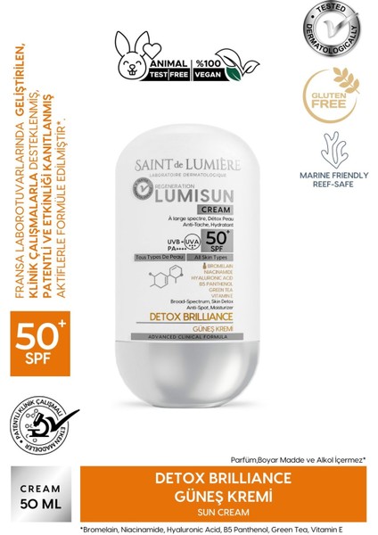 Lumısun Detox Brilliance Spf 50+, 50 ml Güneş Kremi - Bromelain, Niacinamide, E Vitamin, Hyaluronik Asit, Green Tea