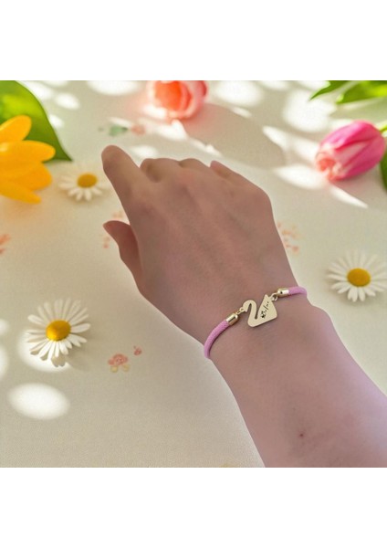 14 Ayar Altın Plakalı Defne Ismine Özel Kuğu Kuşu Motifli Pembe Örgülü Hediye BILEKLIK-609ISIM