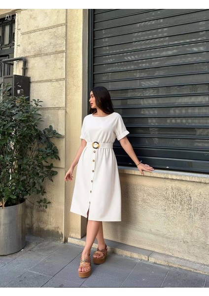 Kadın Krem Kemerli Düğmeli Yazlık Keten Viskon Elbise HZL23S-BD123891