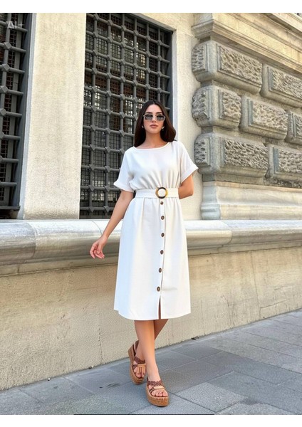 Kadın Krem Kemerli Düğmeli Yazlık Keten Viskon Elbise HZL23S-BD123891 fiyatları