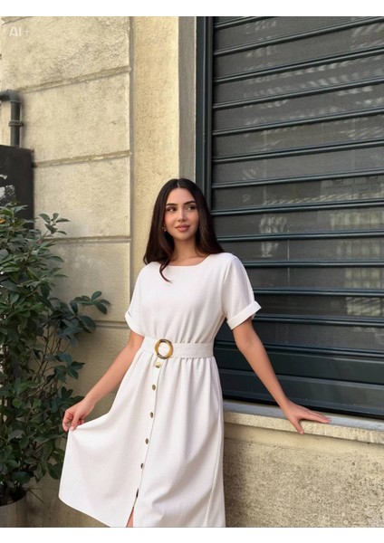 Kadın Krem Kemerli Düğmeli Yazlık Keten Viskon Elbise HZL23S-BD123891 modelleri