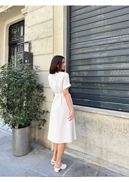 Kadın Krem Kemerli Düğmeli Yazlık Keten Viskon Elbise HZL23S-BD123891 fırsatları