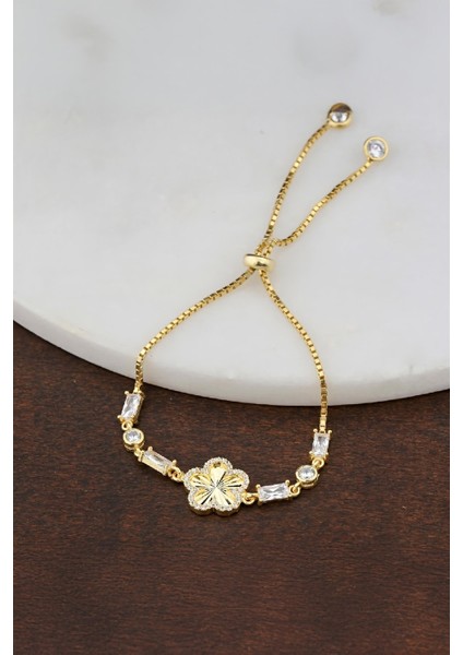 Altın Kaplama Çiçek Motifli Zirkon Taşlı Gümüş Bayan Bileklik